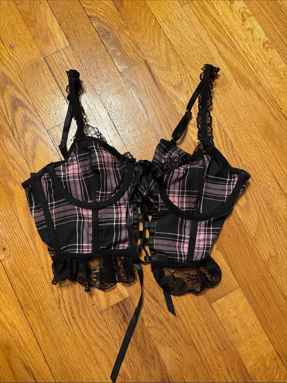 Black & Pink Plaid Lace-Up Bustier Crop Top - Women Intimates